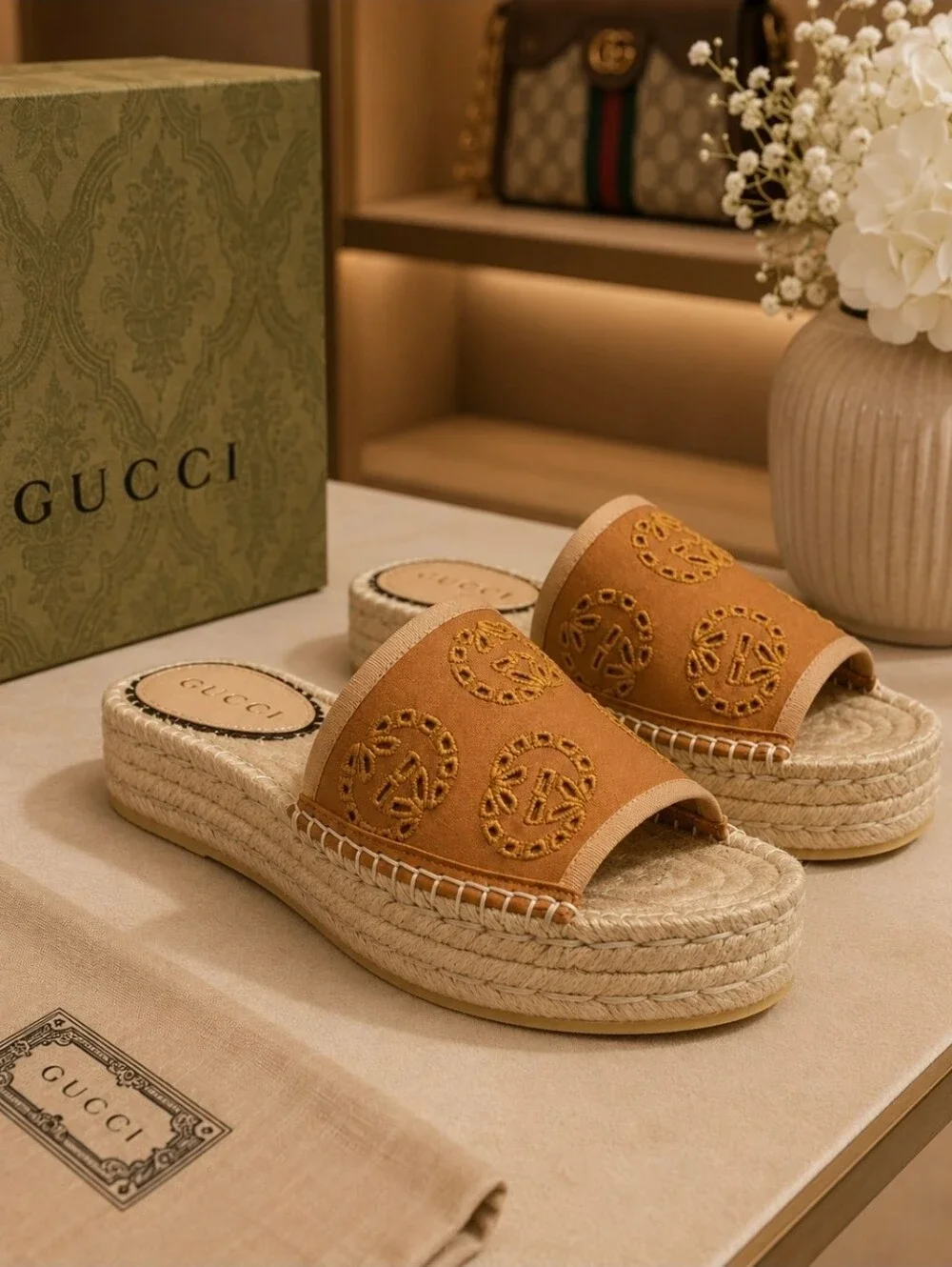 Gucci Embroidered Espadrille Platform Slides